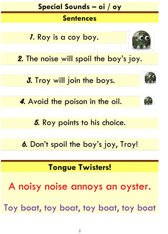 Advanced phonics oi oy word list and sentences